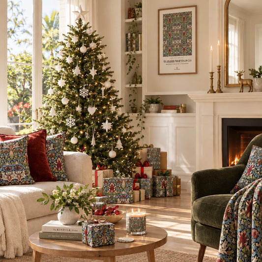 A beautifully decorated living room featuring a lit Christmas tree, wrapped gift boxes, patterned cushions, and a cozy fireplace. A framed vintage-style Christmas print hangs on the wall above the mantel.