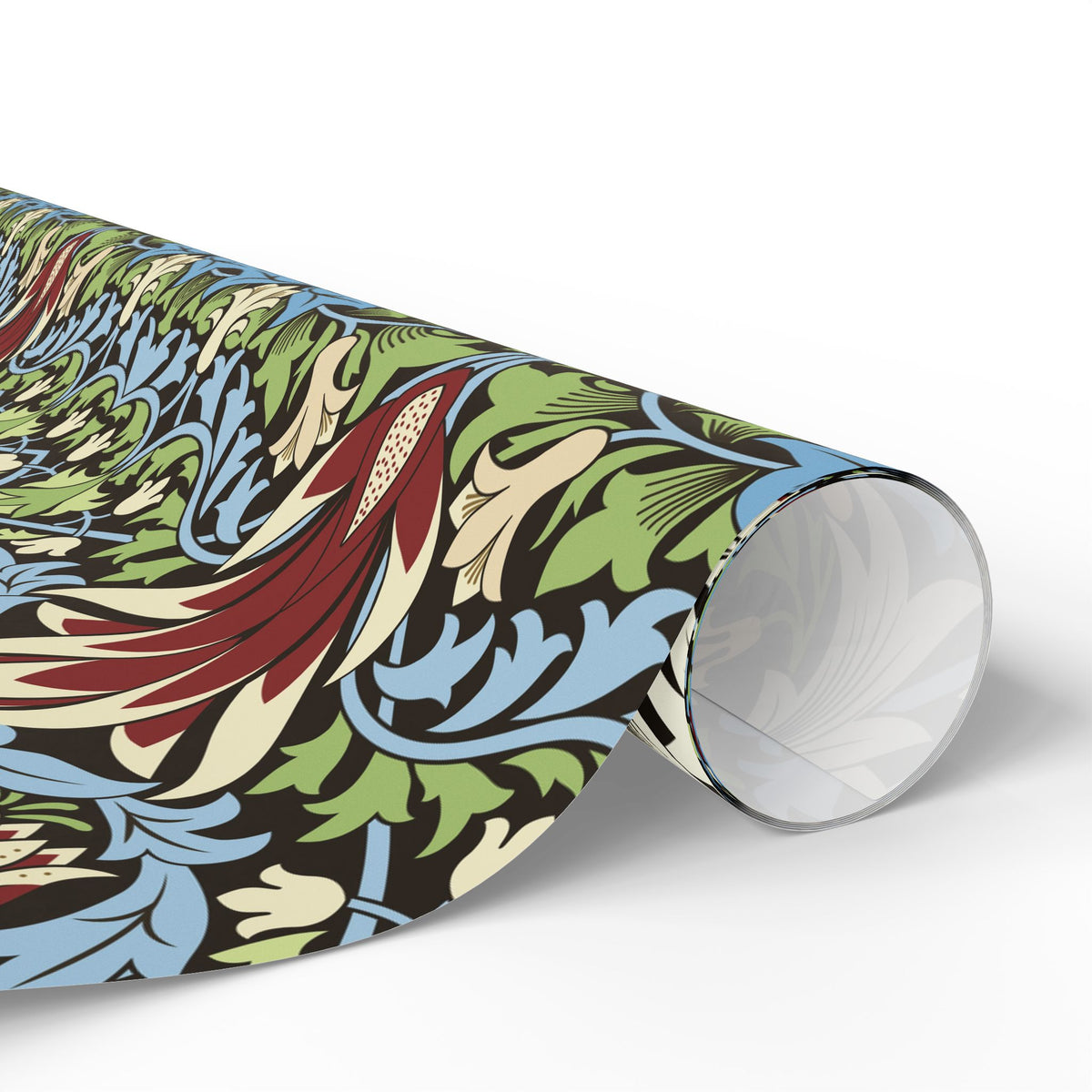 Roll of colorful floral-patterned paper on a white background