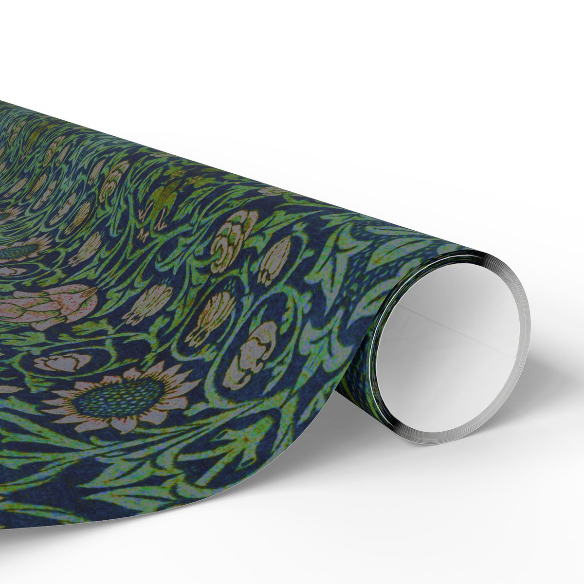 Roll of patterned paper with green and blue design on a white background