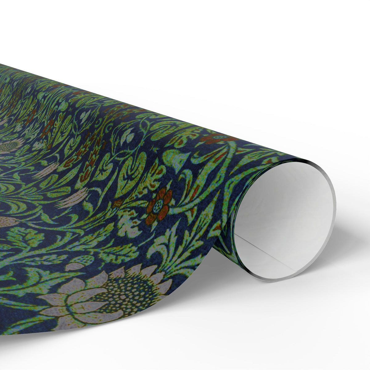 Roll of floral patterned paper on a white background