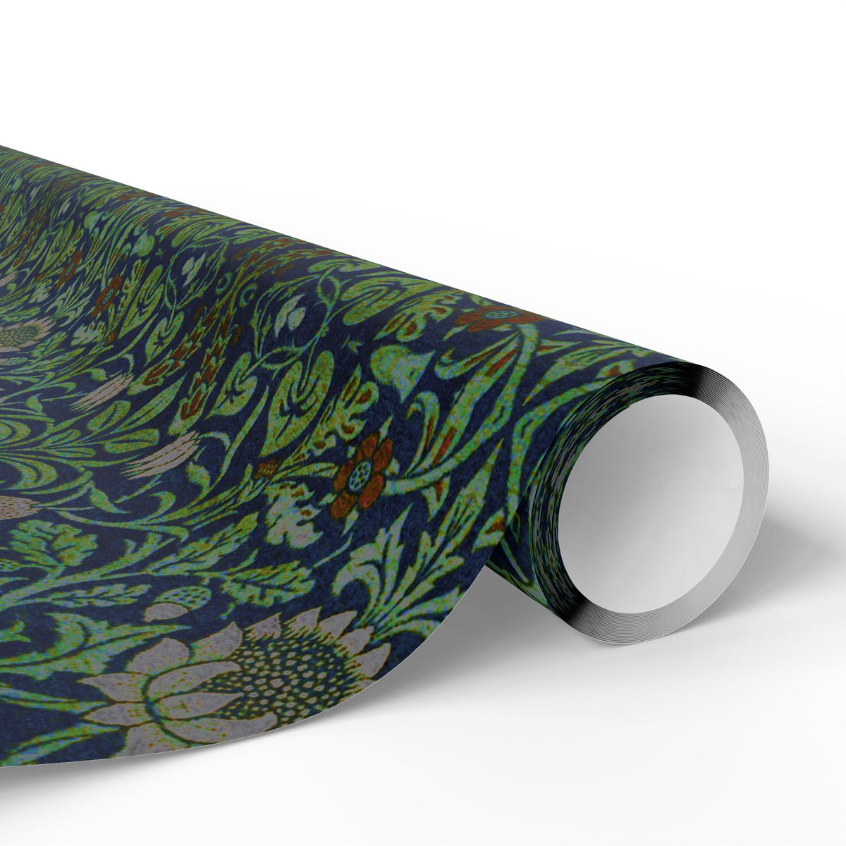 Roll of floral patterned paper on a white background