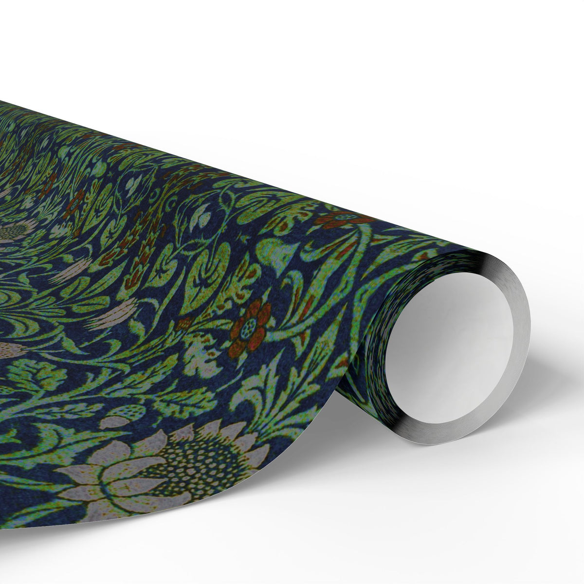 Roll of floral patterned paper on a white background
