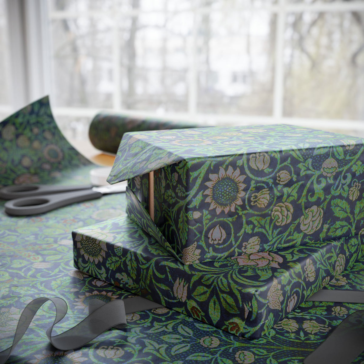 Gift box wrapped in green floral paper with scissors on a table.