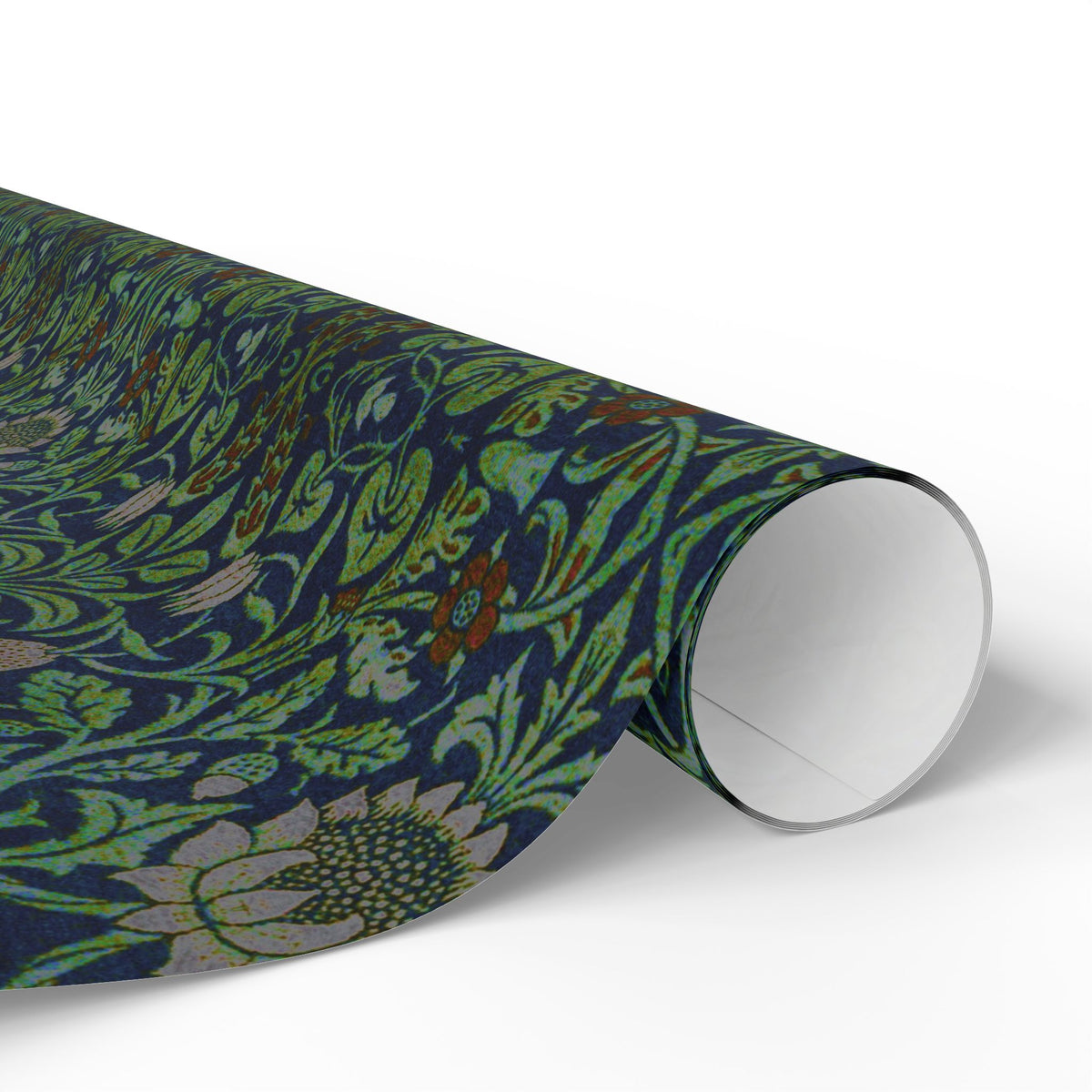 Roll of floral patterned paper on a white background