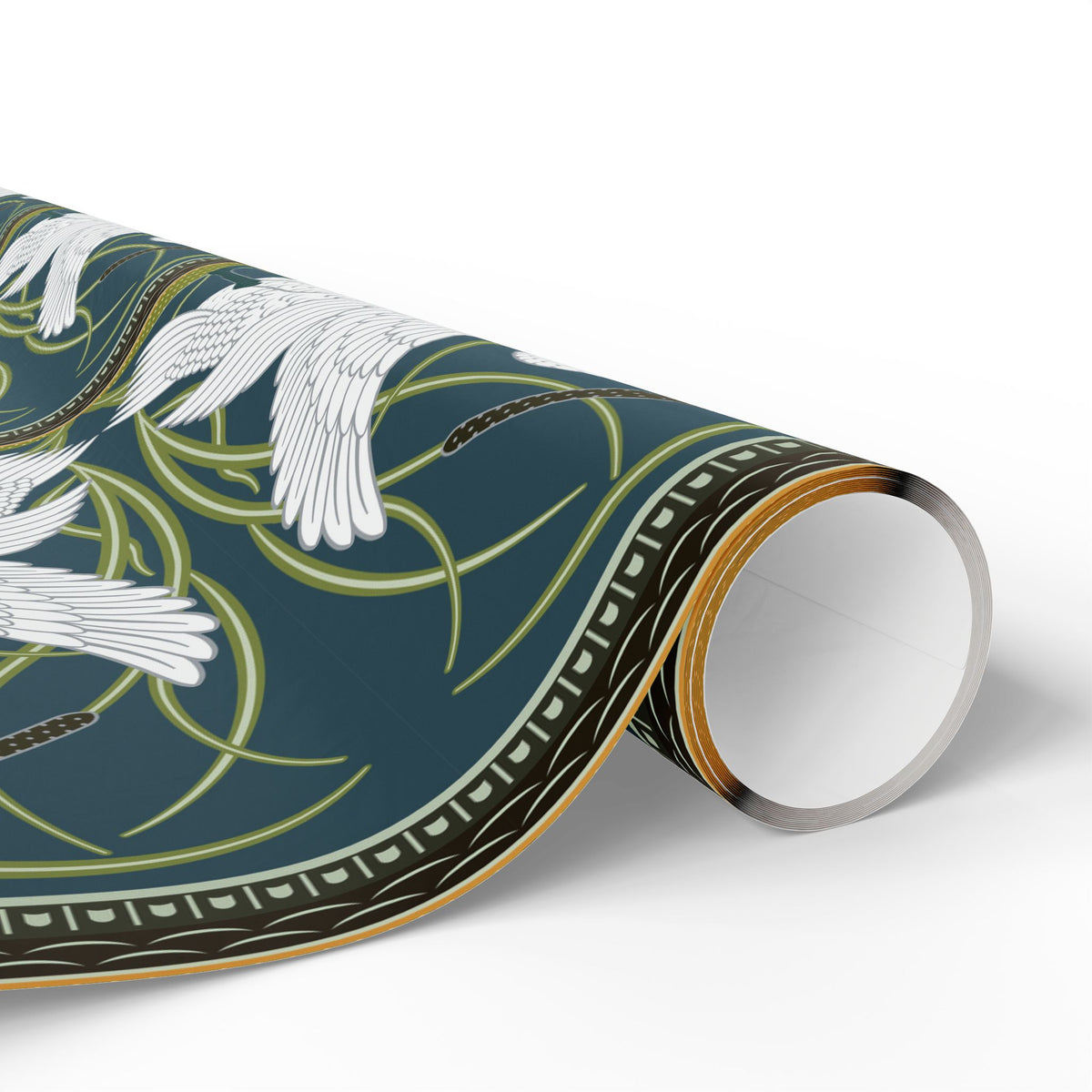Roll of decorative paper with intricate patterns on a white background