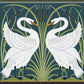 Decorative design with two white swans and green foliage on a dark blue background