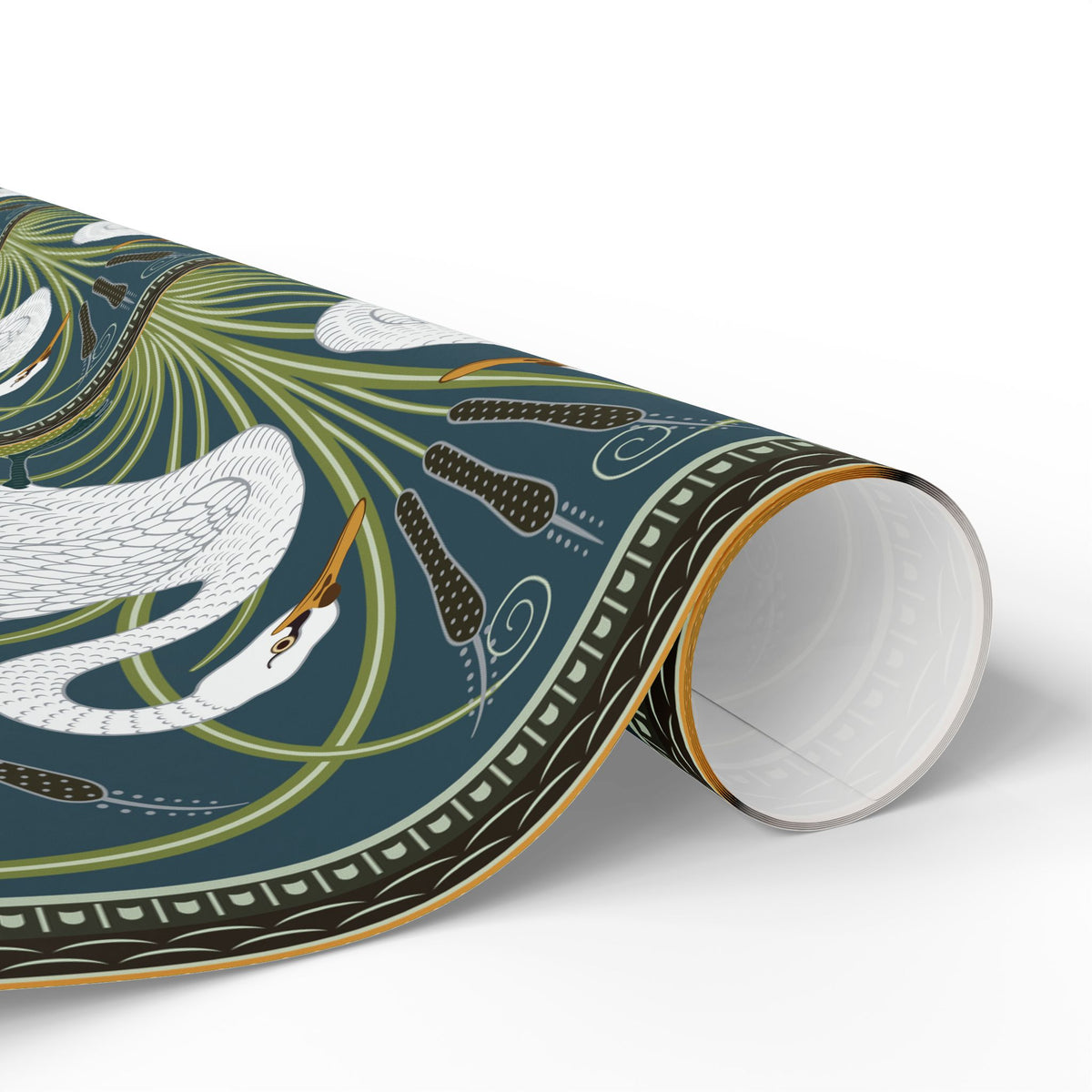 Roll of decorative paper with peacock design on a white background