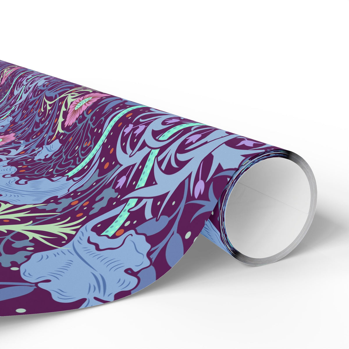Roll of colorful patterned paper on a white background