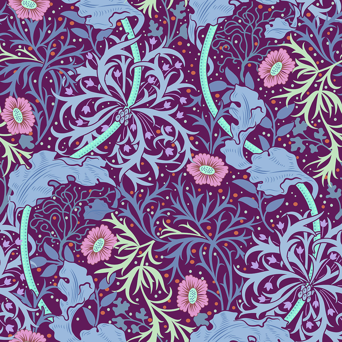 Colorful floral and abstract pattern on a purple background