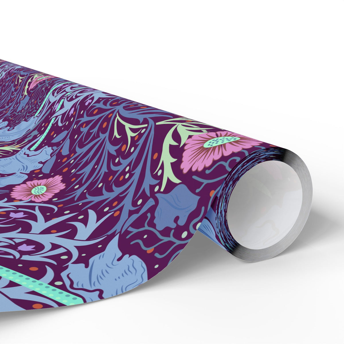 Roll of decorative paper with a floral pattern on a white background