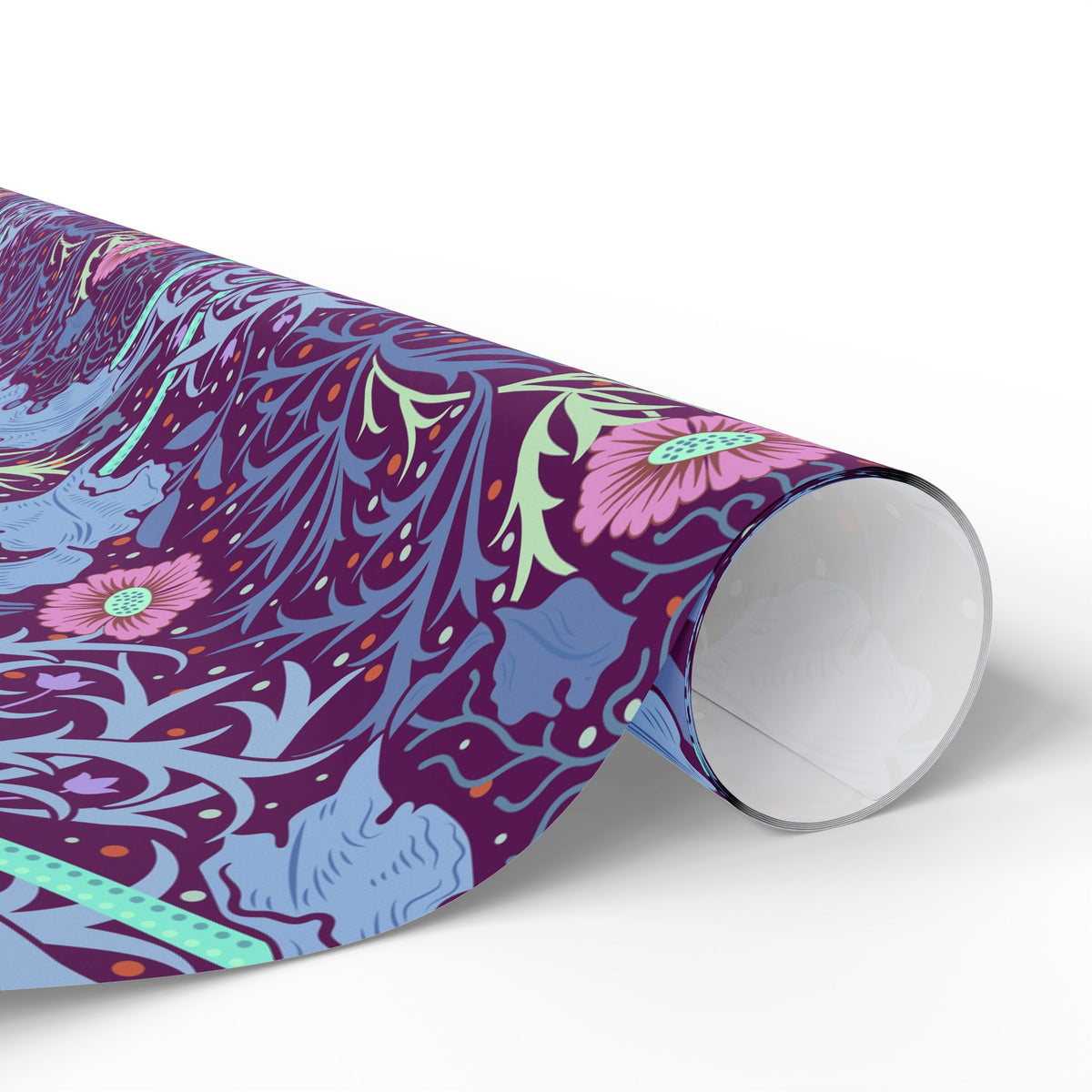 Roll of colorful patterned paper with floral design on a white background