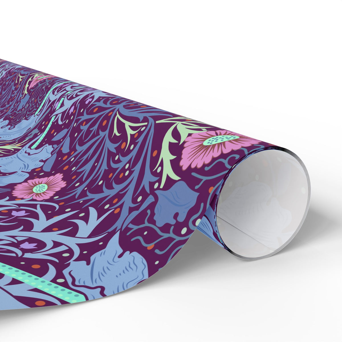 Roll of floral-patterned paper with purple, pink, and green colors on a white background