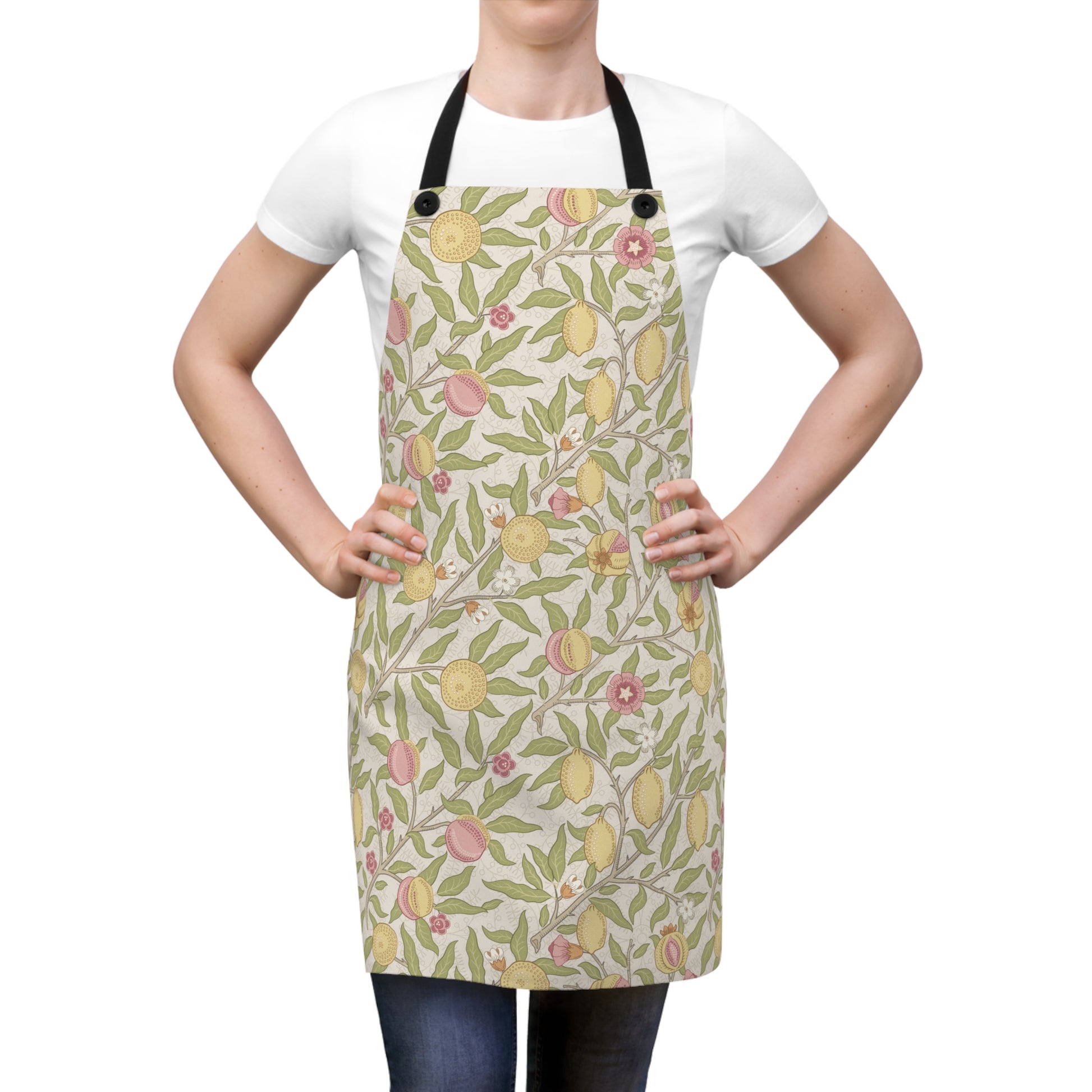 Person wearing a floral apron on a white background