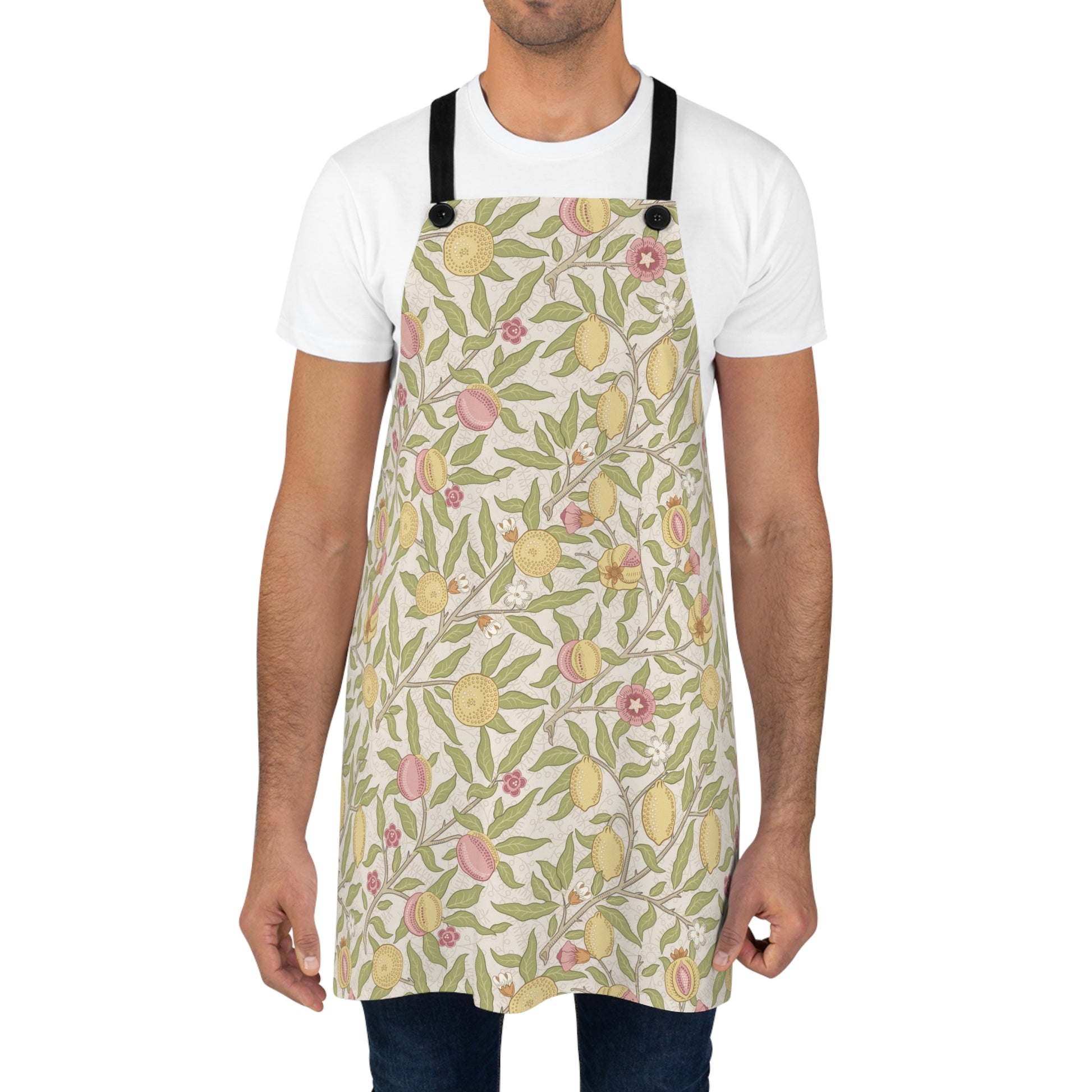 Person wearing a floral apron on a white background