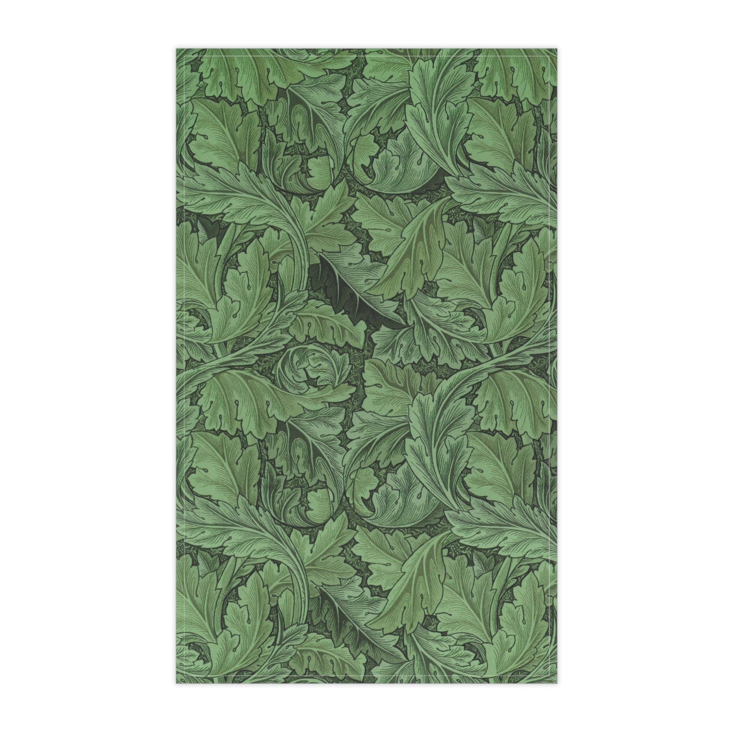 A green kitchen tea towel with a floral Art Nouveau pattern inspired by William Morris - Acanthus Collection.