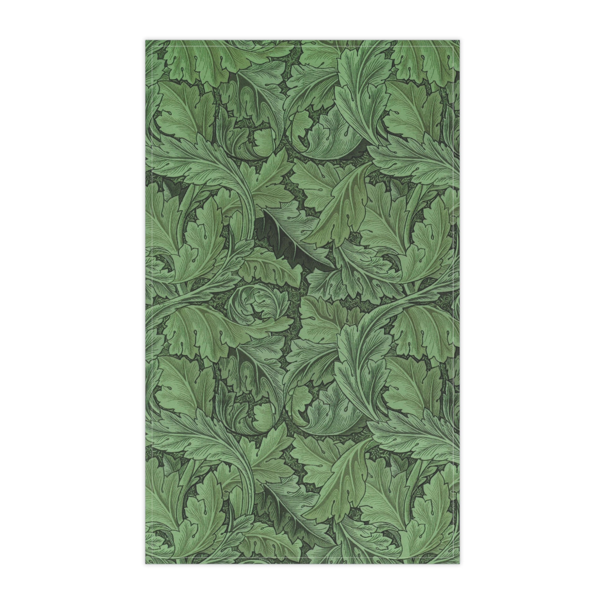 A green kitchen tea towel with a floral Art Nouveau pattern inspired by William Morris - Acanthus Collection.
