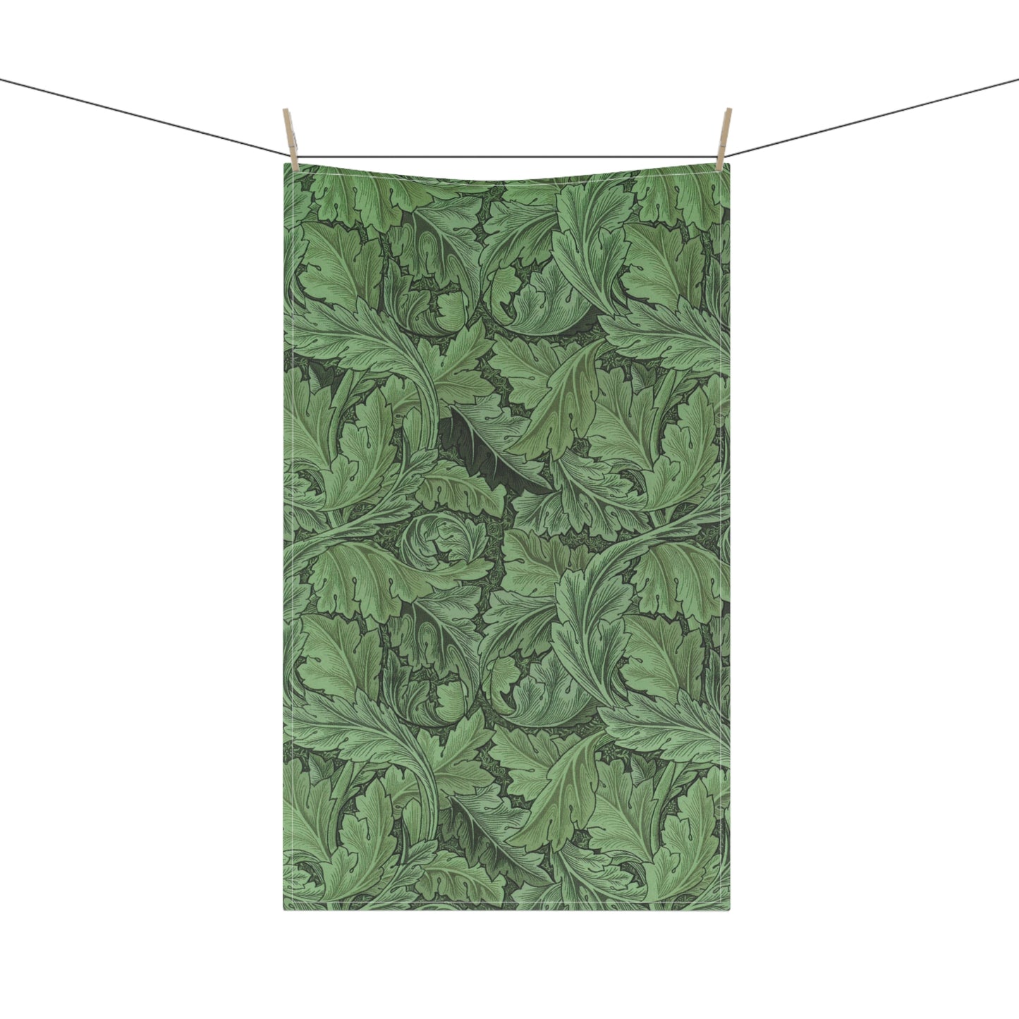 A green kitchen tea towel with a floral Art Nouveau pattern inspired by William Morris - Acanthus Collection.