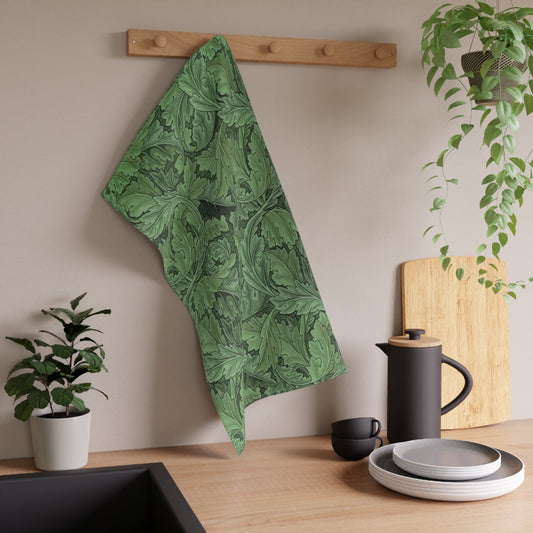 A green kitchen tea towel with a floral Art Nouveau pattern inspired by William Morris - Acanthus Collection.