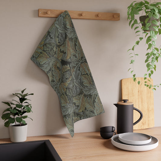 A kitchen tea towel with a floral pattern inspired by William Morris - Acanthus Collection in gray colour.