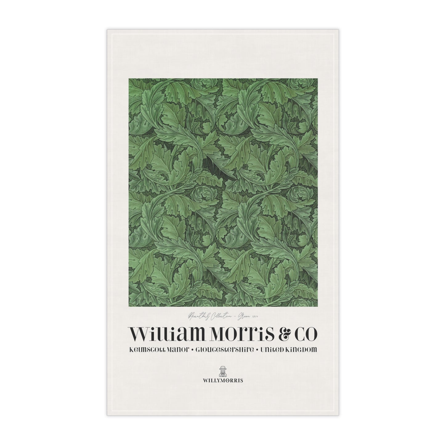 Tea towel green leaf pattern and 'William Morris & Co' branding on a white background