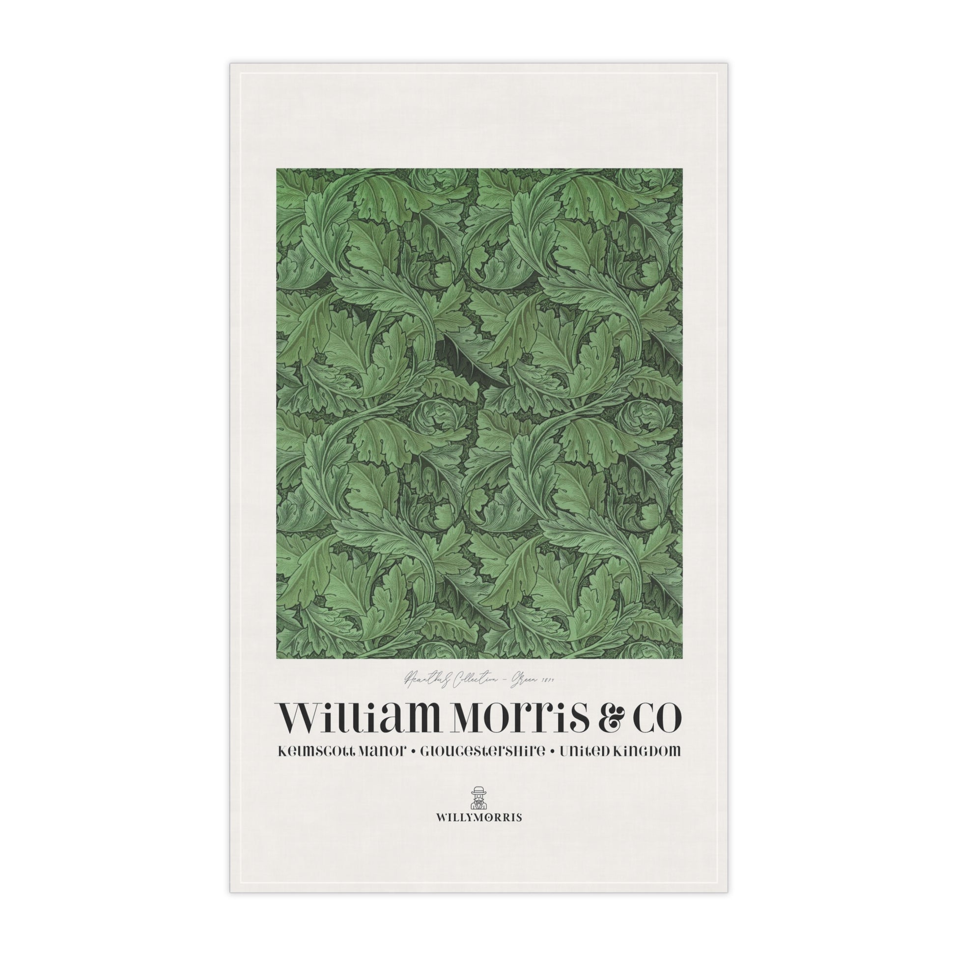 Tea towel with green leaf pattern and 'William Morris & Co' branding on a white background