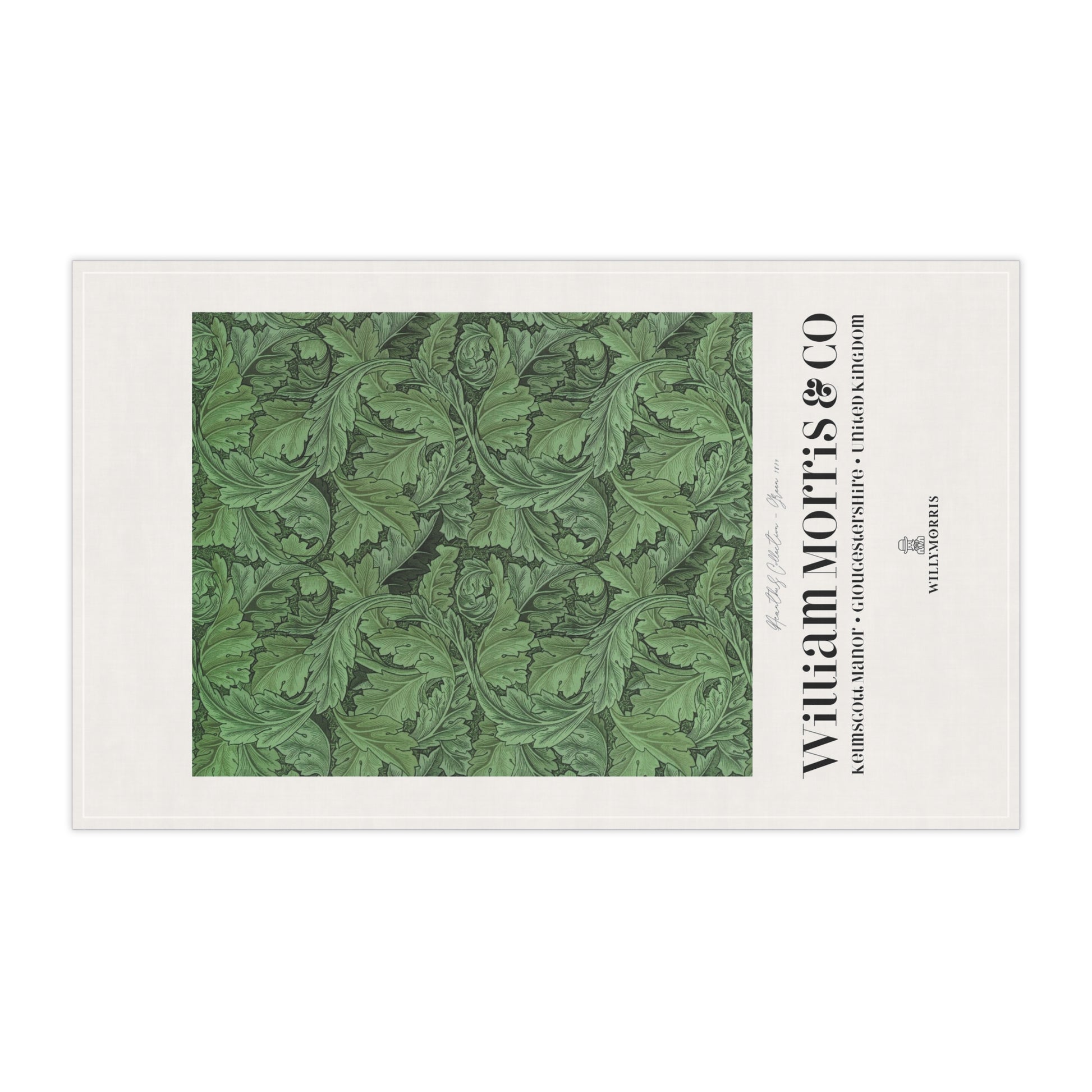 Patterned tea towel with green leaf design and 'William Morris & Co' branding on a white background