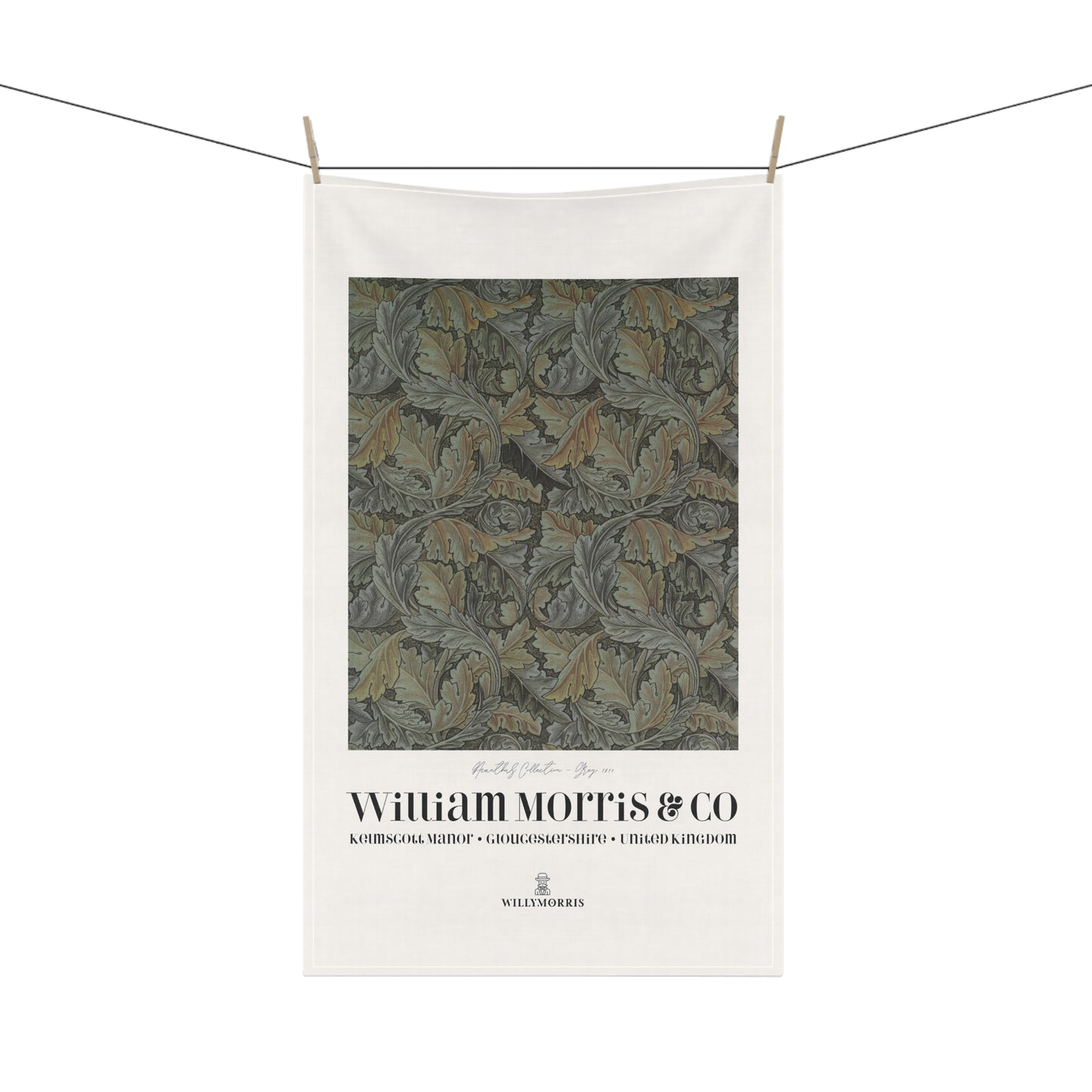 Tea towel with a pattern and 'William Morris & Co' branding on a white background