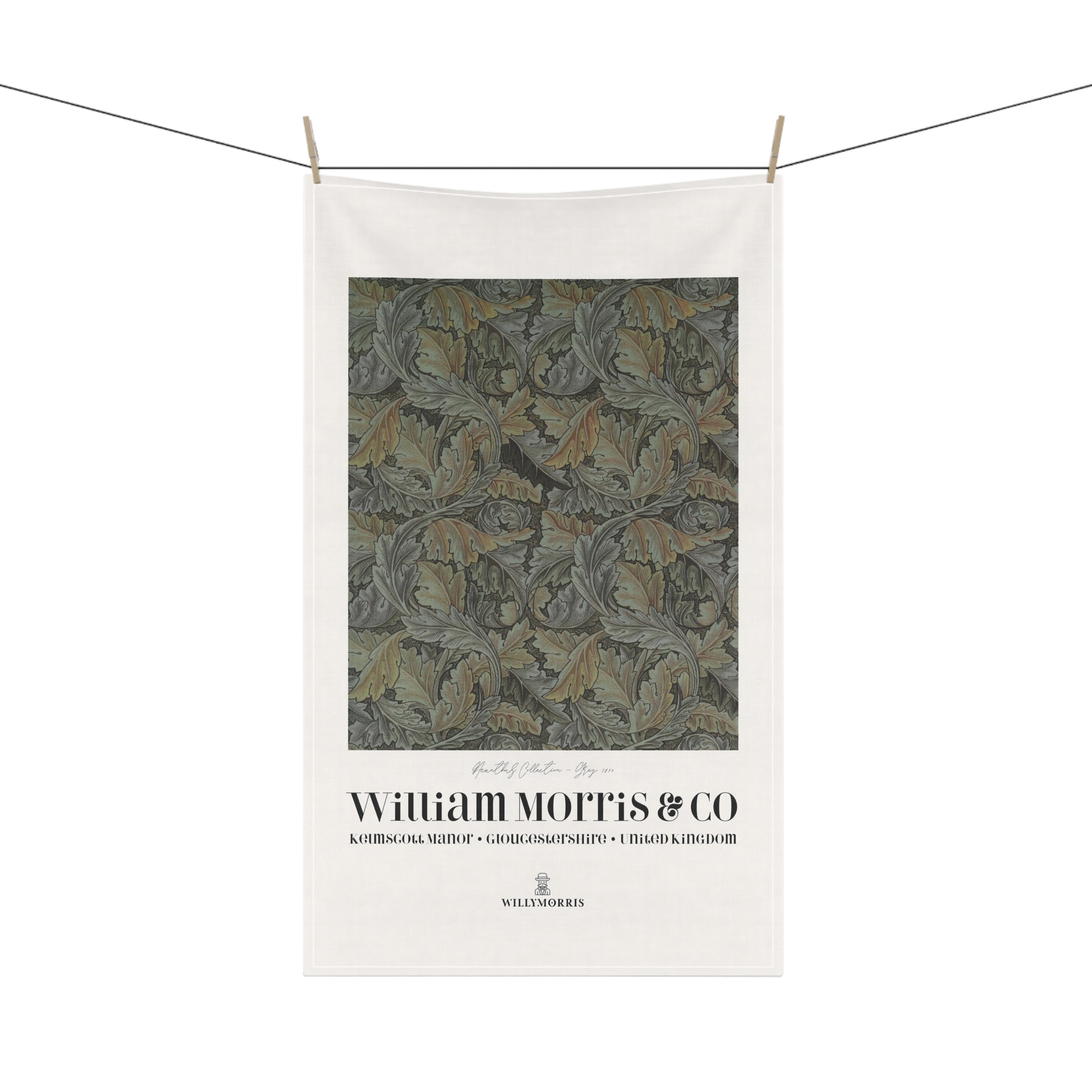 Tea towel with a pattern and 'William Morris & Co' branding on a white background