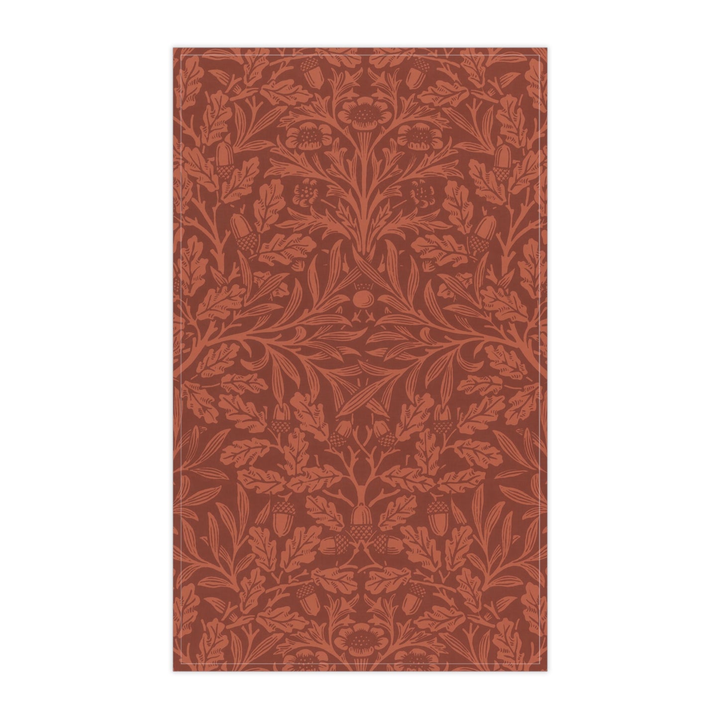 A kitchen tea towel with a floral and leaf William Morris & Co pattern, primarily in a brown and  colour.