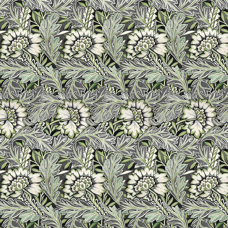 Patterned fabric with floral and leaf design in green and gray