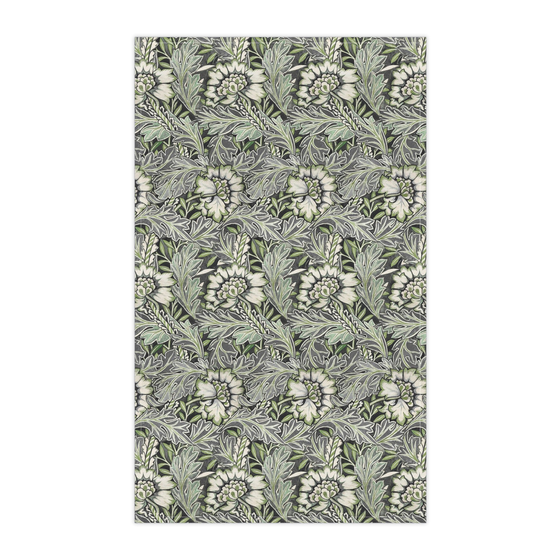 A kitchen tea towel with a floral pattern inspired by William Morris designs.
