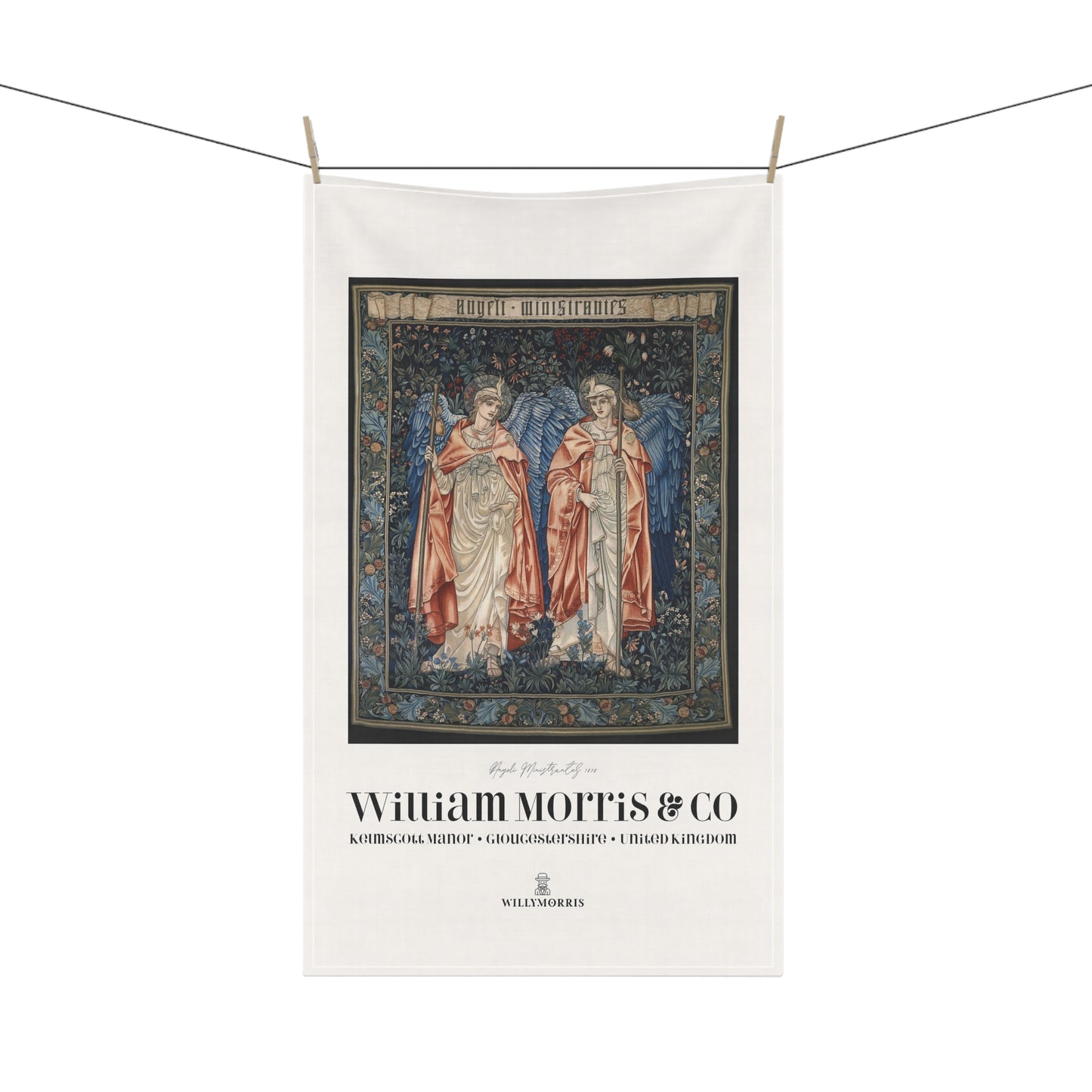 Decorative towel with tapestry design and 'William Morris & Co' branding on a white background