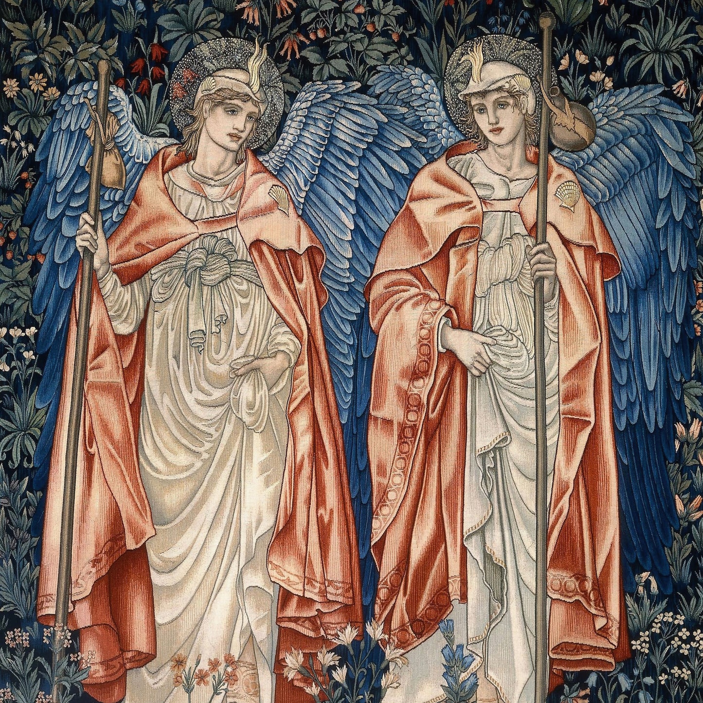 Kitchen Tea Towel by William Morris & Co and the artist John Henry Dearle - Angeli Ministrantes Collection in red, blue and gold with two angels
