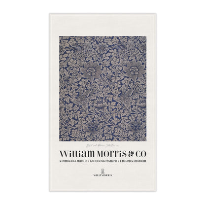 Decorative tea towel with floral pattern and 'William Morris & Co' branding on a white background