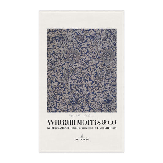 Decorative tea towel with floral pattern and 'William Morris & Co' branding on a white background