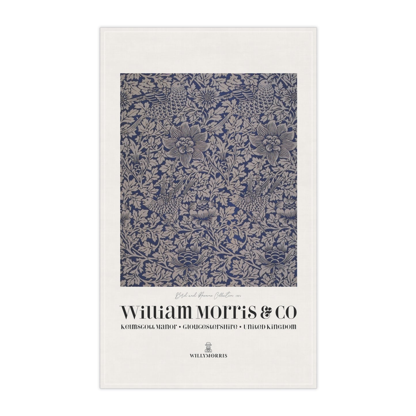 Decorative tea towel with floral pattern and 'William Morris & Co' branding on a white background