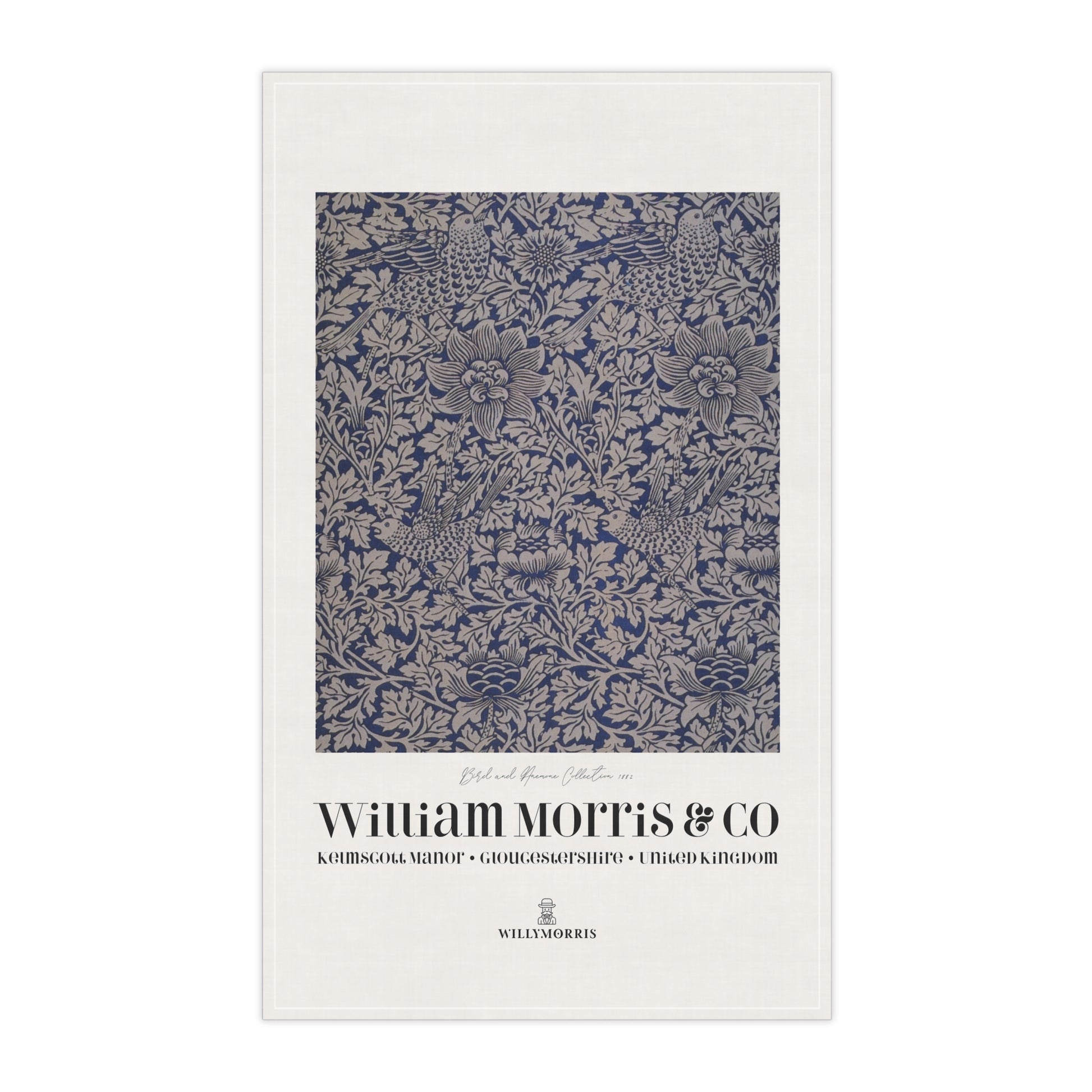 Decorative tea towel with floral pattern and 'William Morris & Co' branding on a white background