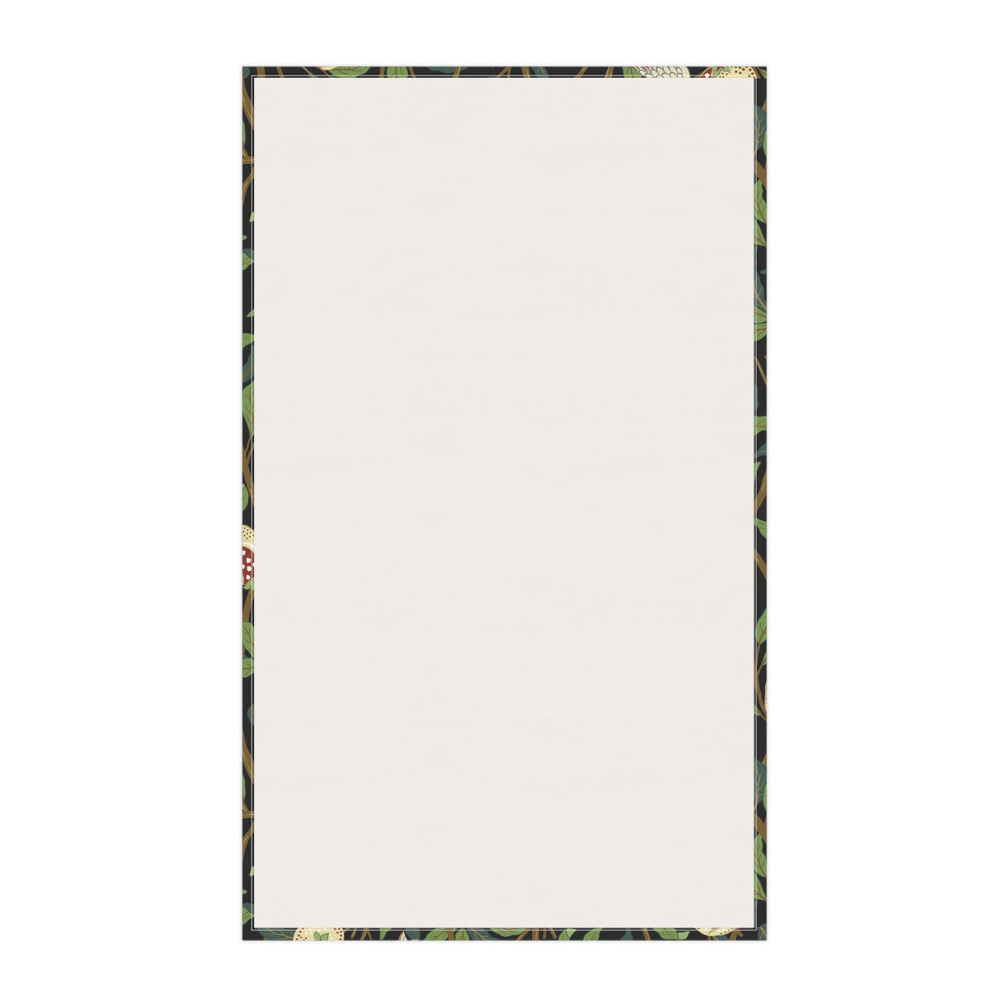 A kitchen tea towel with a design inspired by William Morris, featuring birds and pomegranate patterns on a dark background.