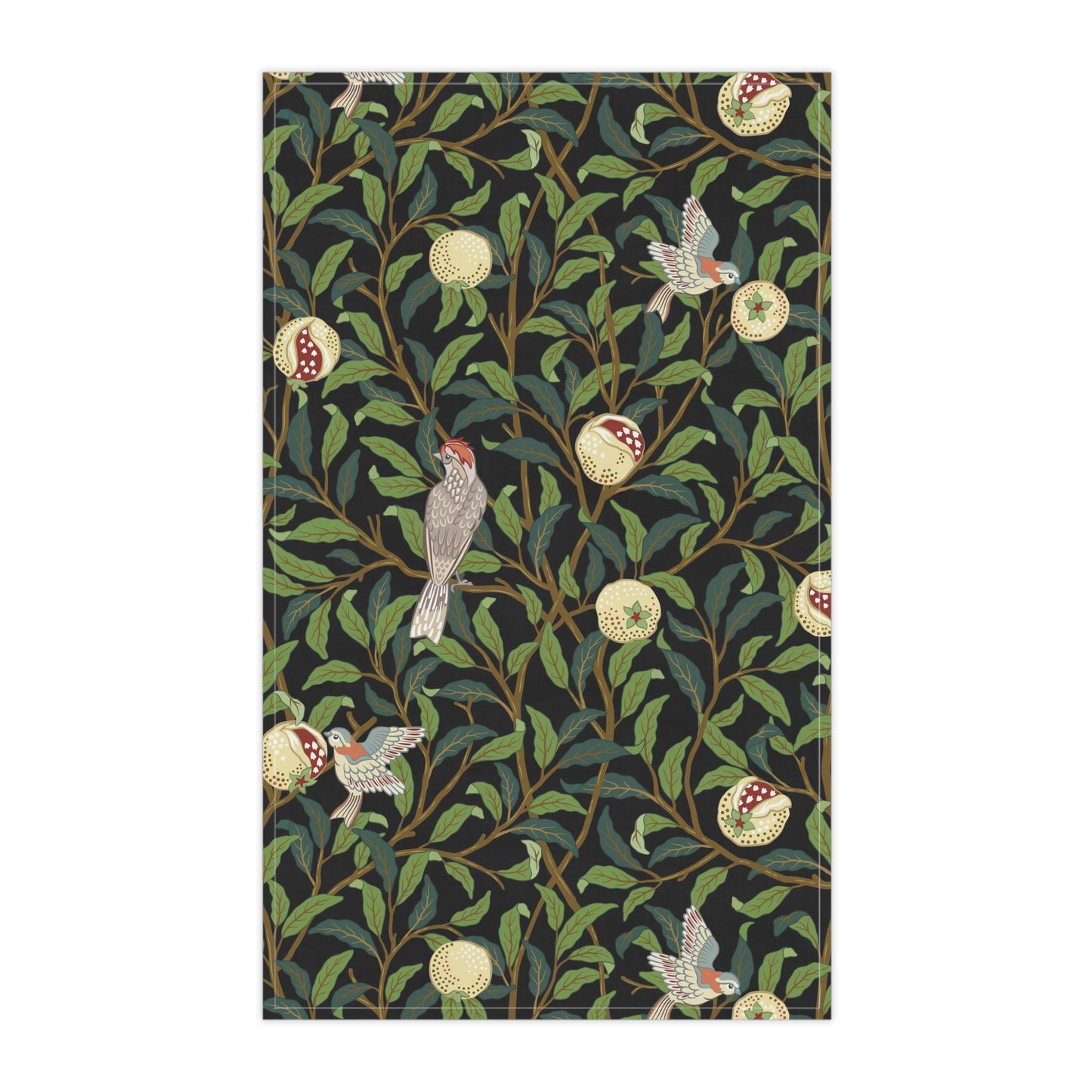 A kitchen tea towel with a design inspired by William Morris, featuring birds and pomegranate patterns on a dark background.