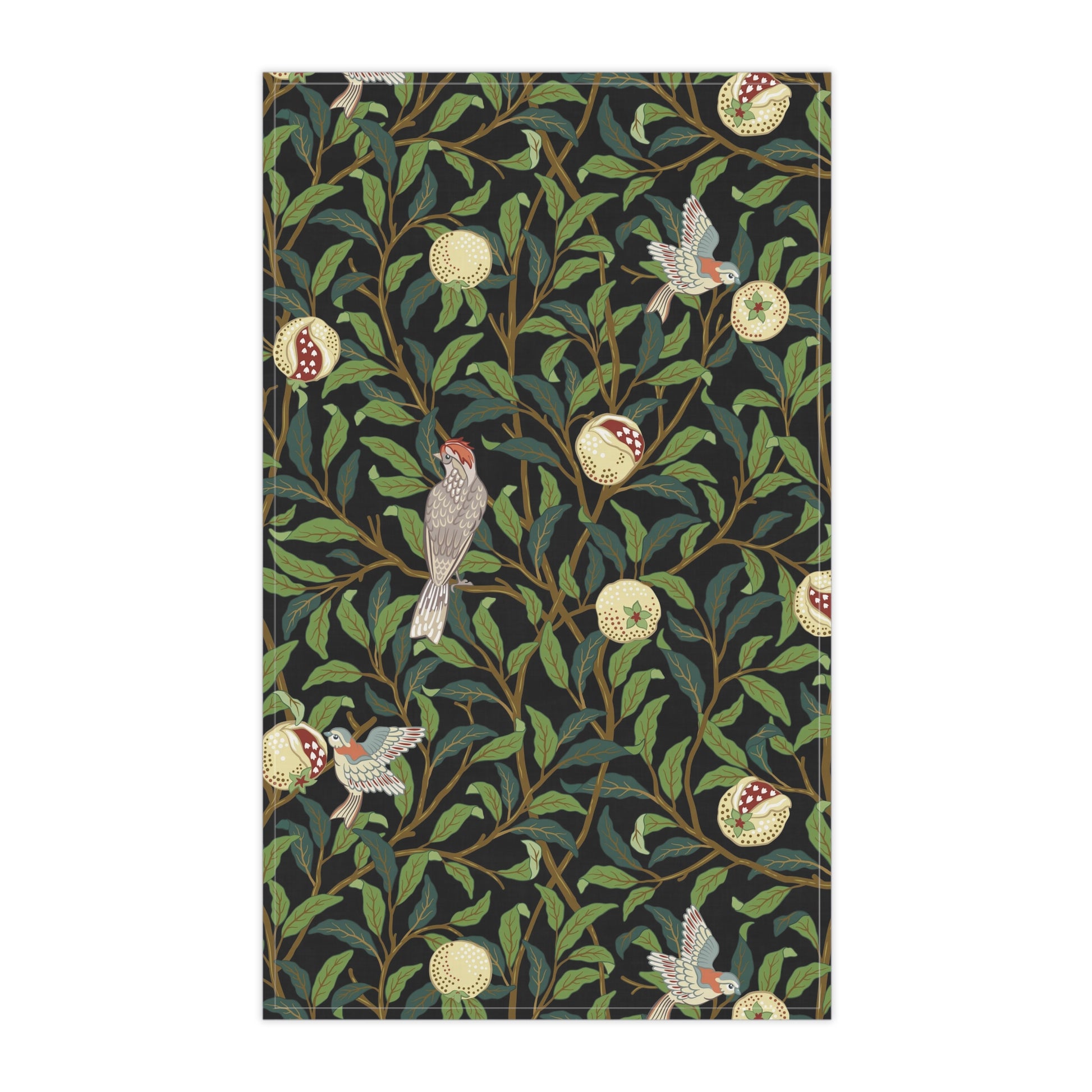 A kitchen tea towel with a design inspired by William Morris, featuring birds and pomegranate patterns on a dark background.