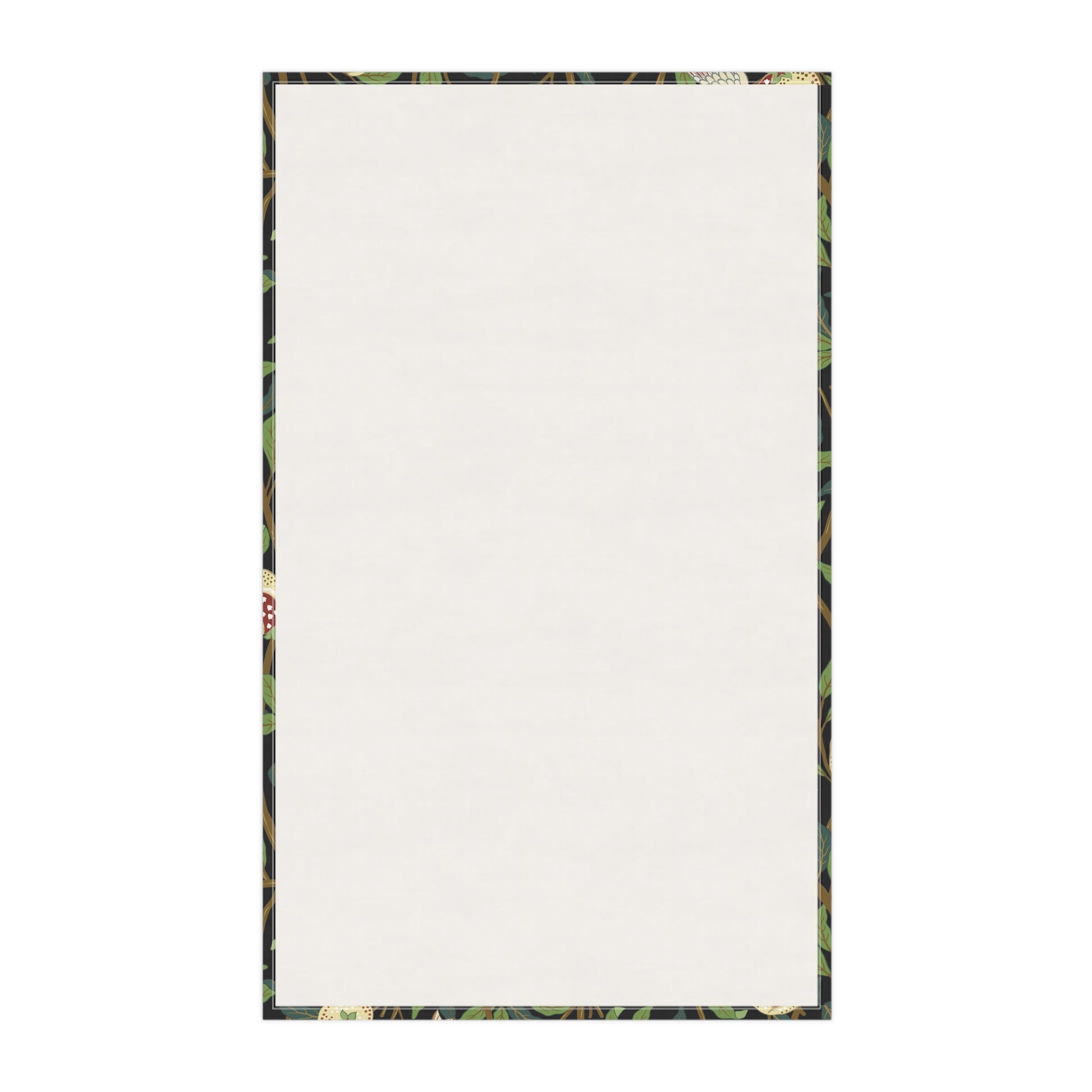 A kitchen tea towel with a design inspired by William Morris, featuring birds and pomegranate patterns on a dark background.