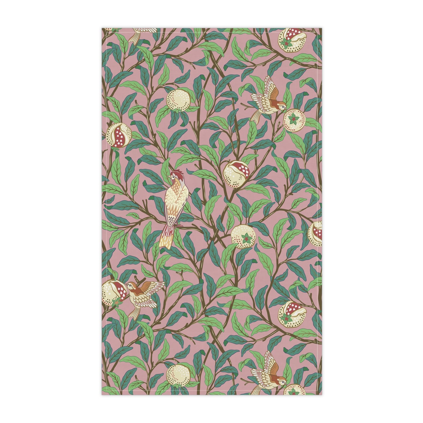 A kitchen tea towel with a floral and pomegranate design, inspired by the Art Nouveau style of William Morris.