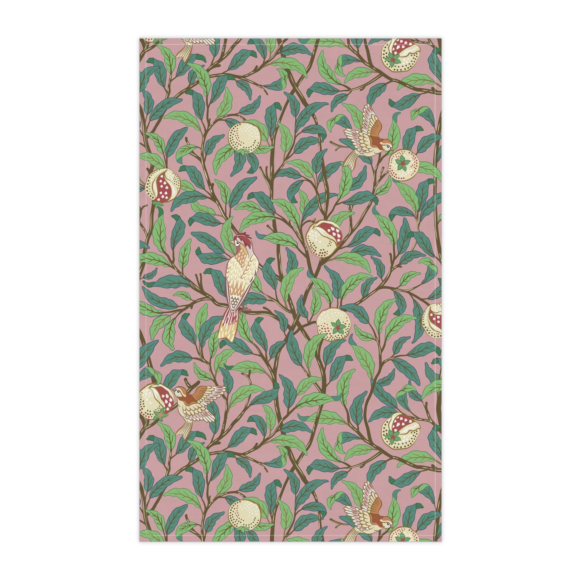 A kitchen tea towel with a floral and pomegranate design, inspired by the Art Nouveau style of William Morris.