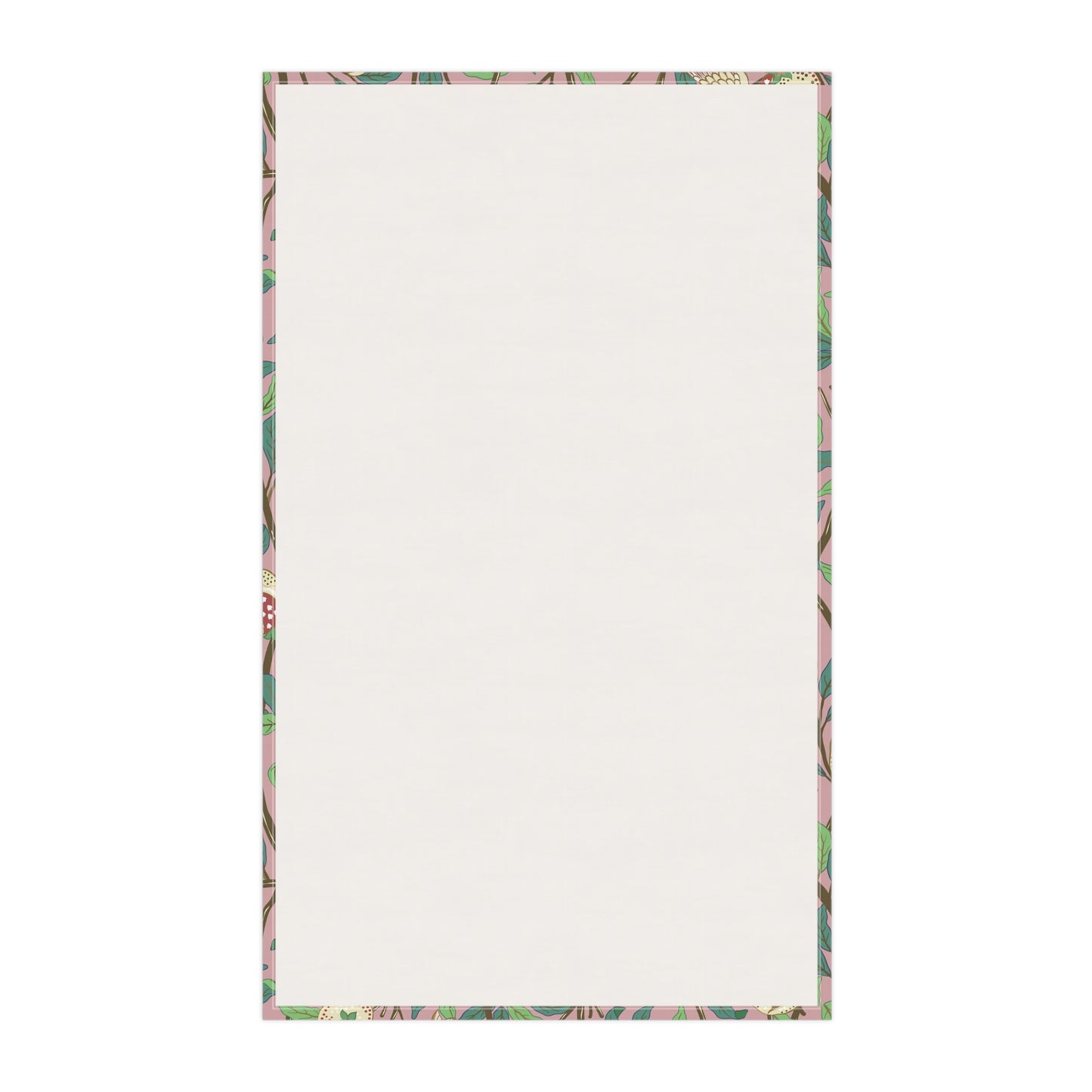 A kitchen tea towel with a floral and pomegranate design, inspired by the Art Nouveau style of William Morris.