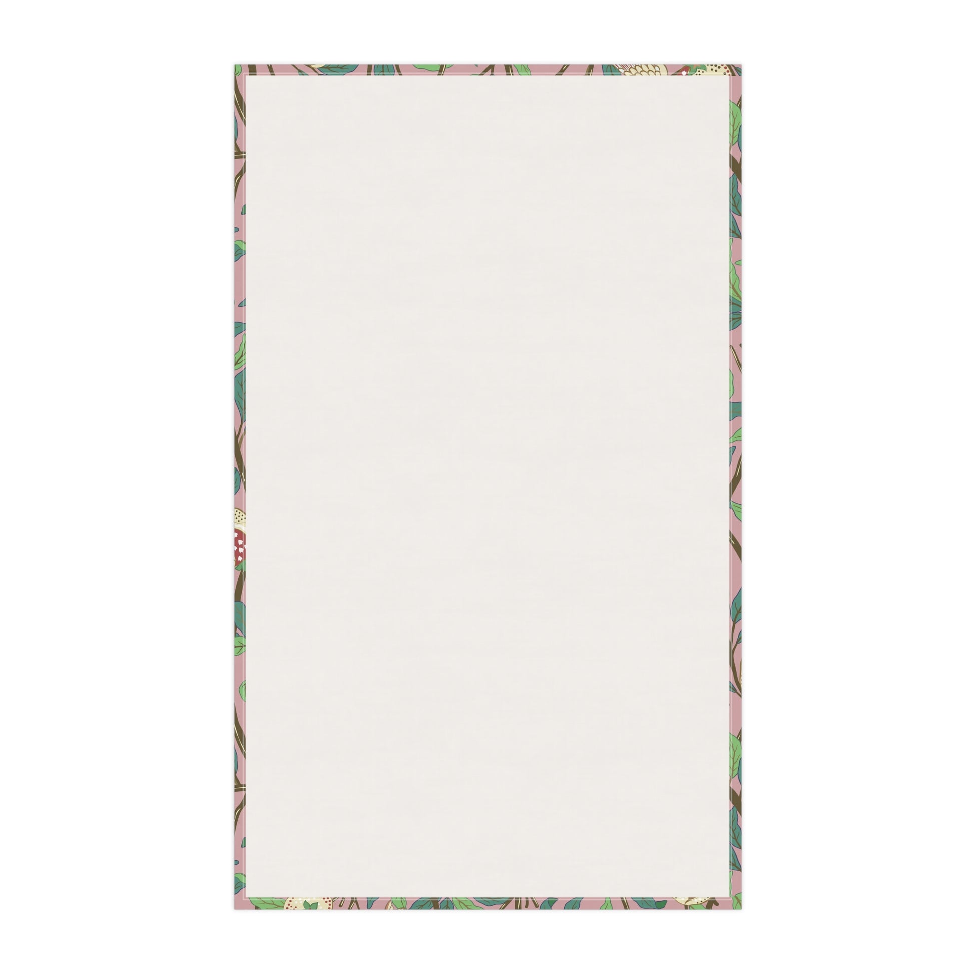 A kitchen tea towel with a floral and pomegranate design, inspired by the Art Nouveau style of William Morris.