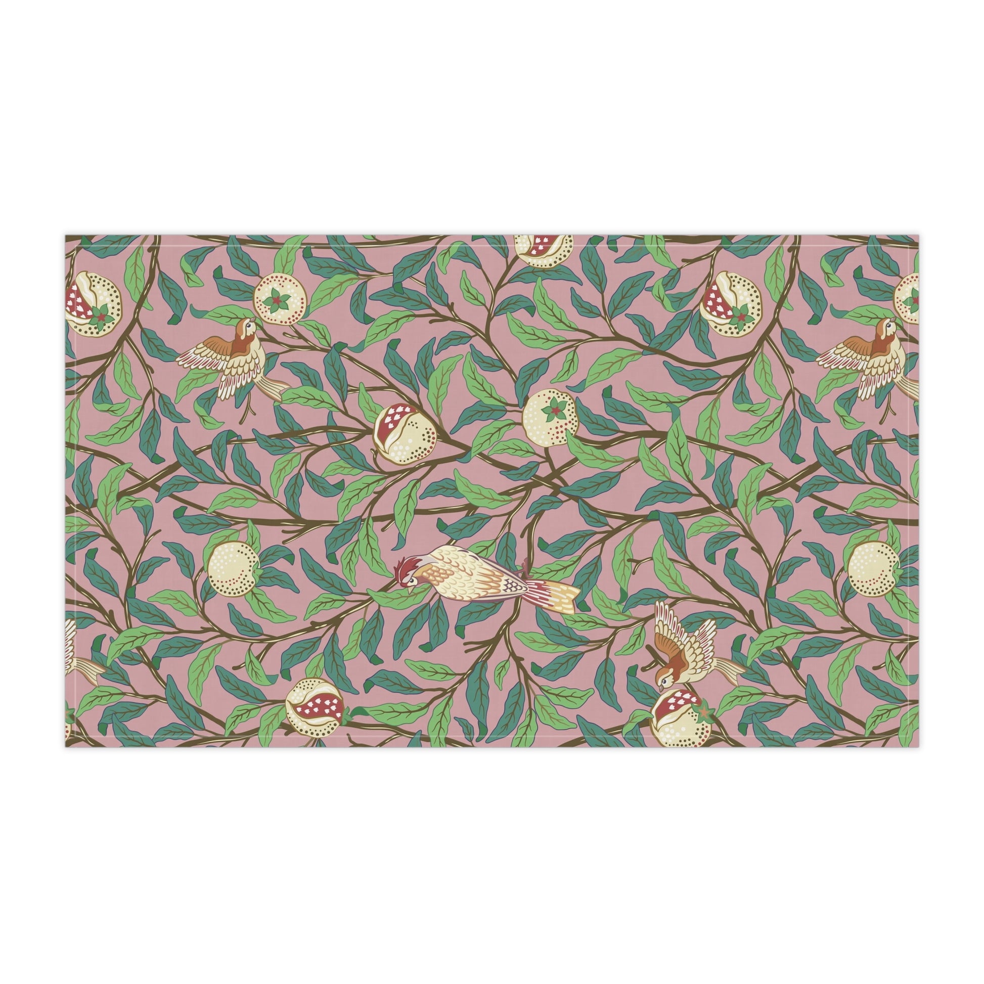 A kitchen tea towel with a floral and pomegranate design, inspired by the Art Nouveau style of William Morris.