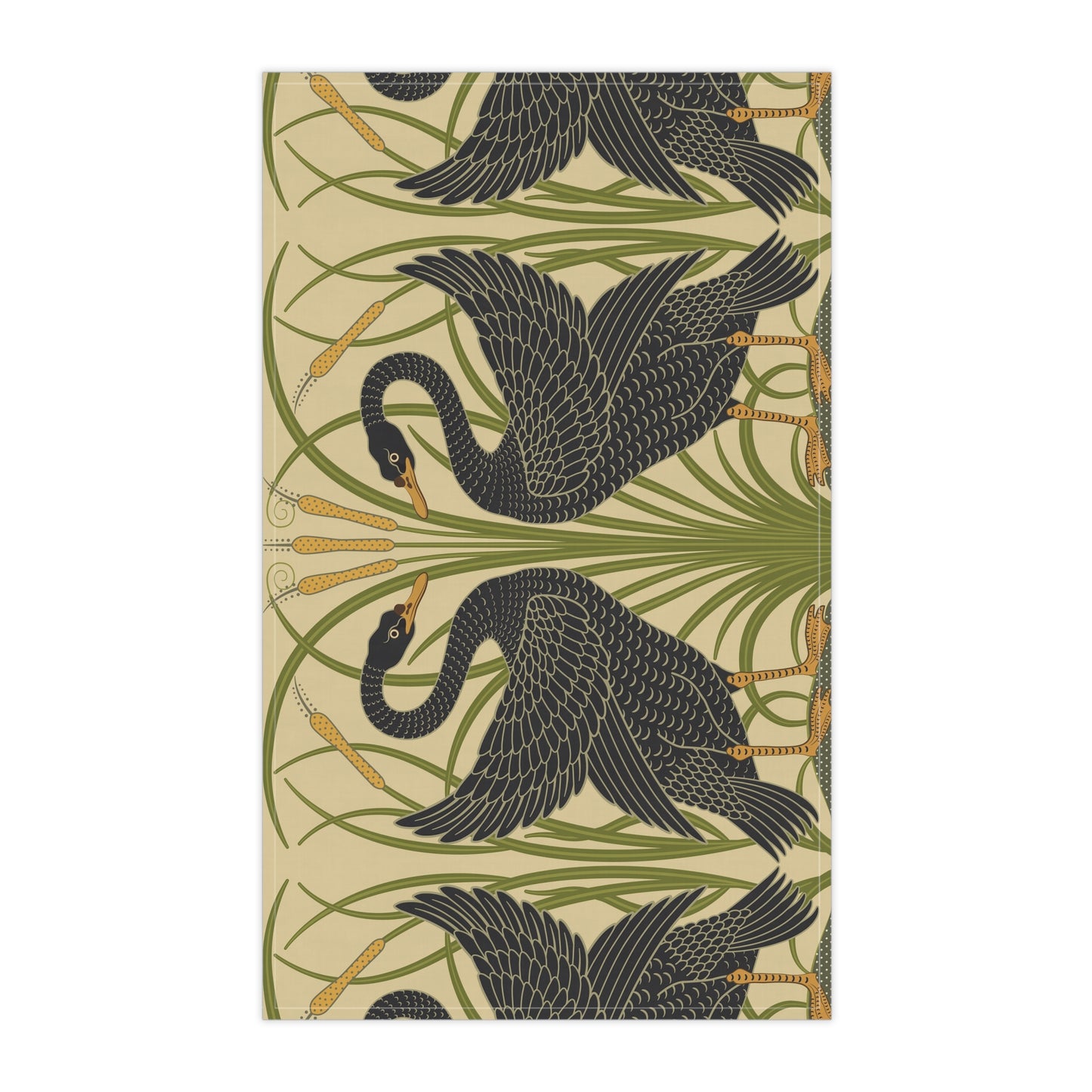A kitchen tea towel with a repeating William Morris & Co pattern of black swans and green foliage on a beige background.