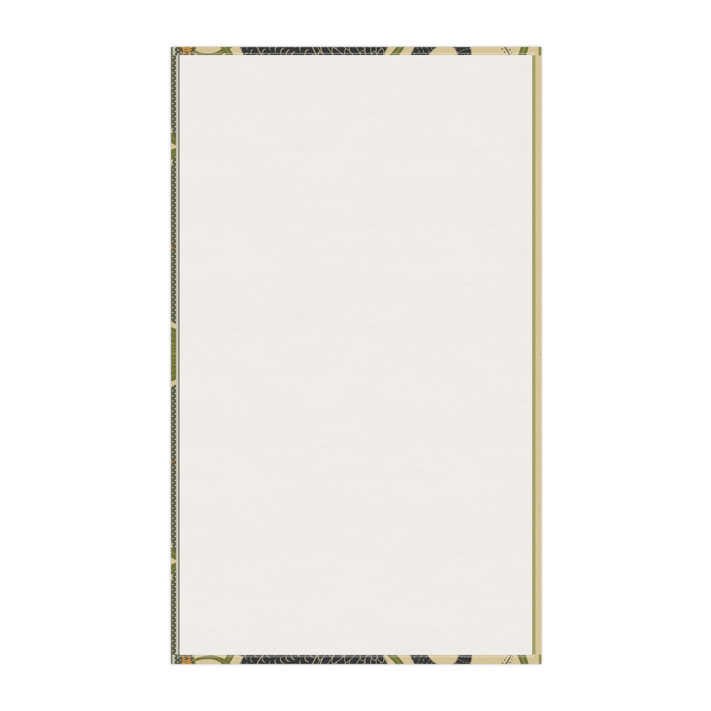 A kitchen tea towel with a repeating William Morris & Co pattern of black swans and green foliage on a beige background.