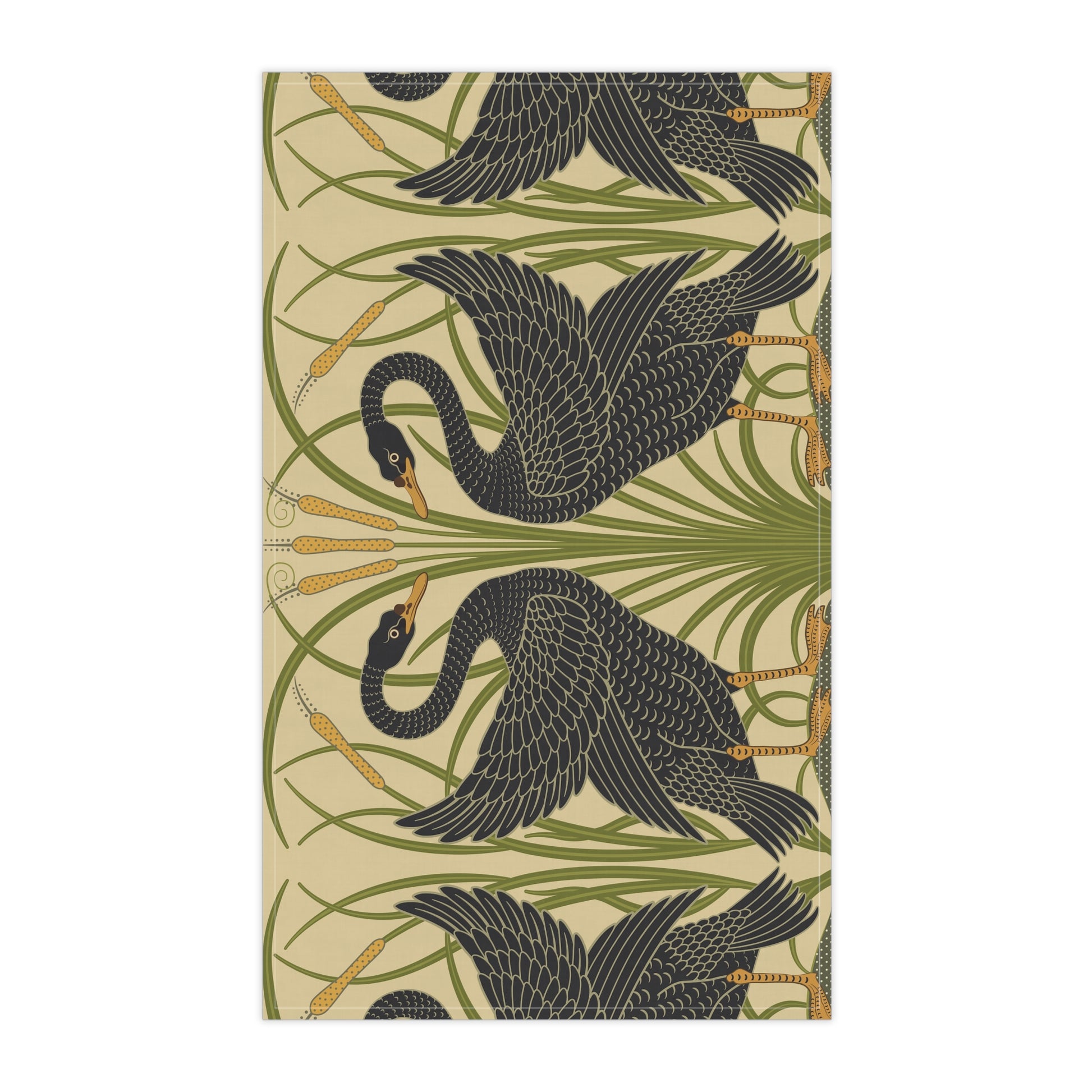A kitchen tea towel with a repeating William Morris & Co pattern of black swans and green foliage on a beige background.