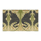A kitchen tea towel with a repeating William Morris & Co pattern of black swans and green foliage on a beige background.